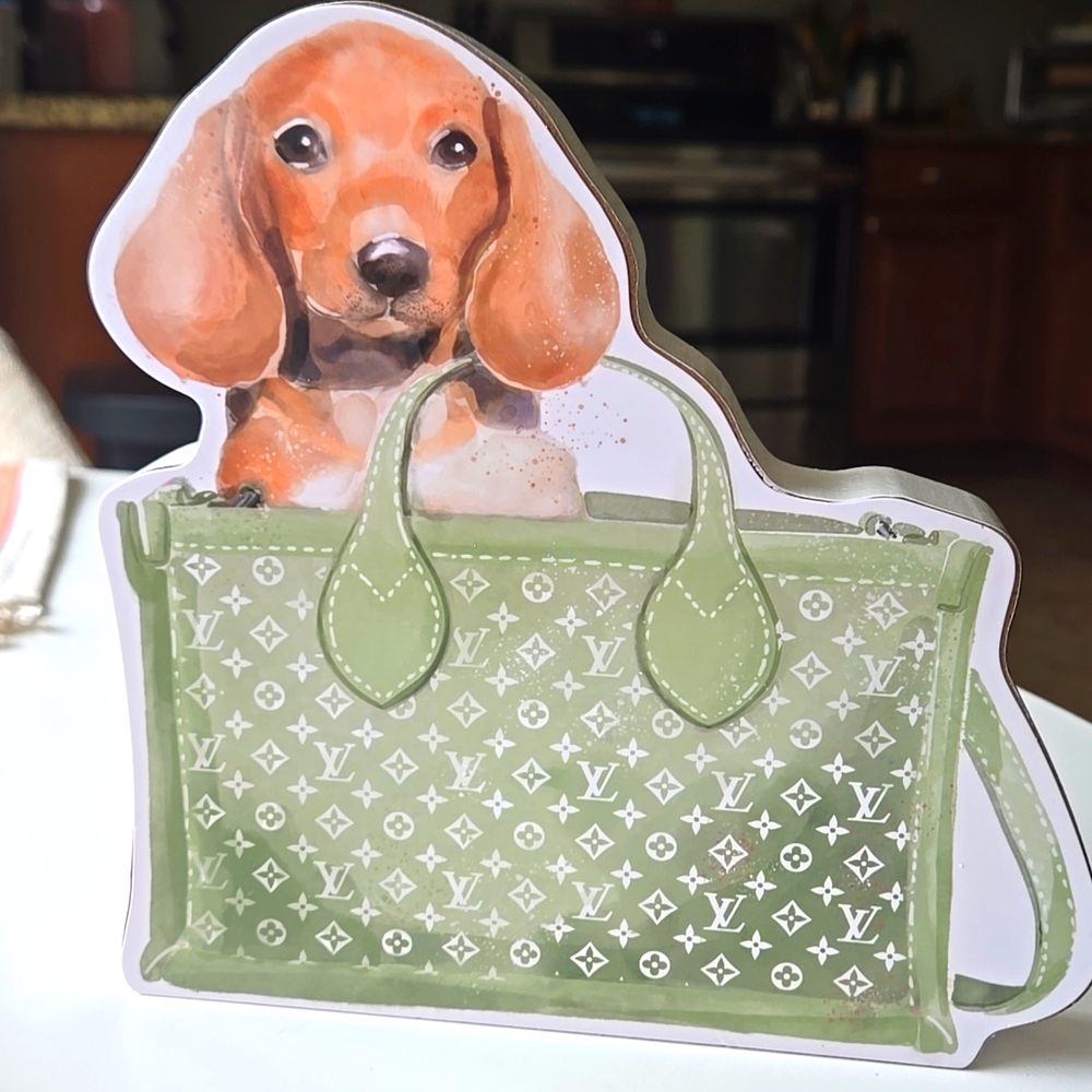 New wooden stand LV bag with a dog, puppy
